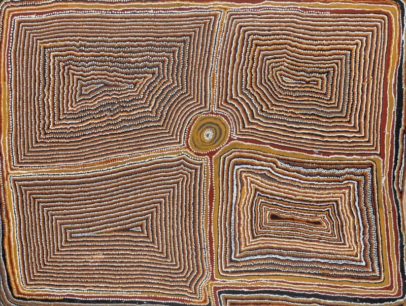Tjumpo Tjapanangka Tingari Dreaming 1989, with four large fields of concentric rectangular lines connected to a central circular form in brown, ochre, black and white.