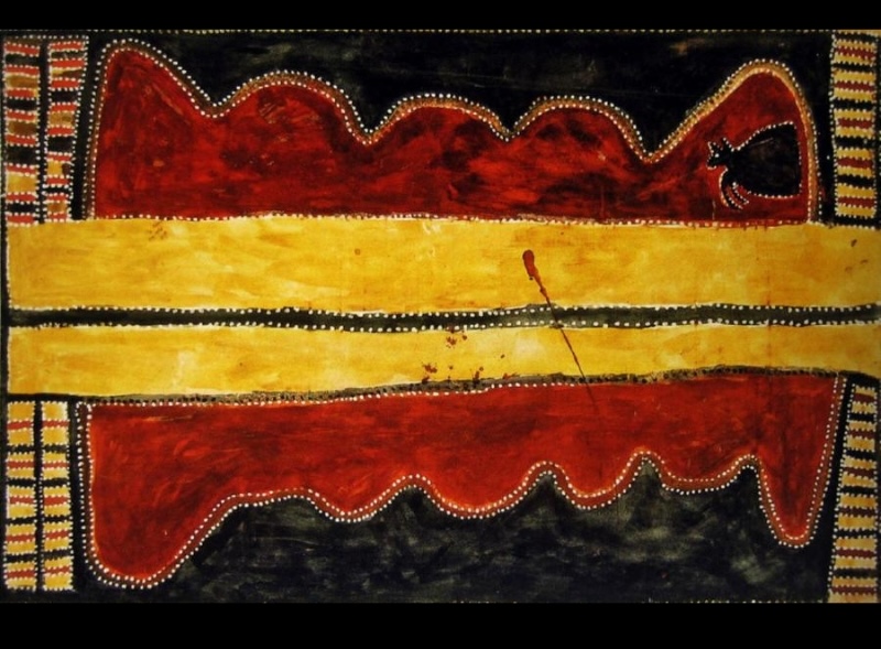 Half Kangaroo at Elgee Cliffs by Paddy Jaminji, 1984, an East Kimberley painting in natural earth pigments on canvas depicting Tawurr and Bedford Downs Country.
