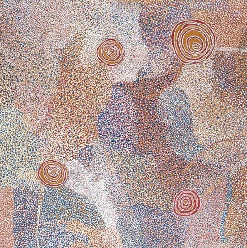 Rockholes Near Olgas 2007 by Bill Whiskey Tjapaltjarri, depicting rockholes near Pirupa Akla south of Kata Tjuta.