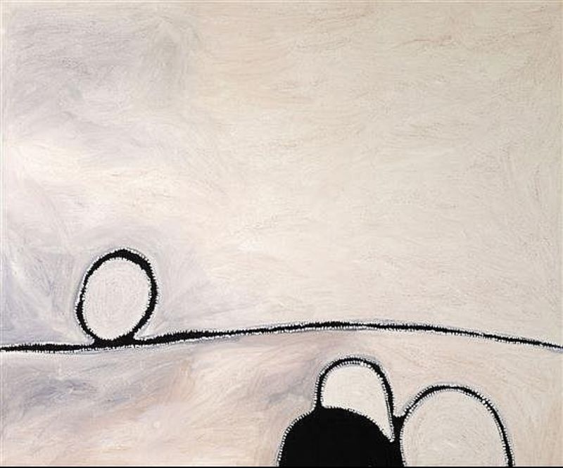 Abstract Aboriginal painting by Paddy Bedford with luminous white and grey earth pigments, delicate horizon line and minimalist black forms representing Thoowoonggoonarrin in Gija Country.