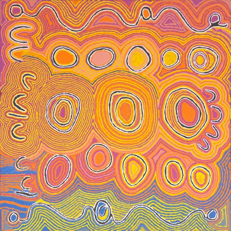 Judy Watson Napangardi painting Mina Mina Jukurrpa, 2004, with concentric circular and oval forms surrounded by dense flowing lines in orange, yellow, pink, purple, blue and green.