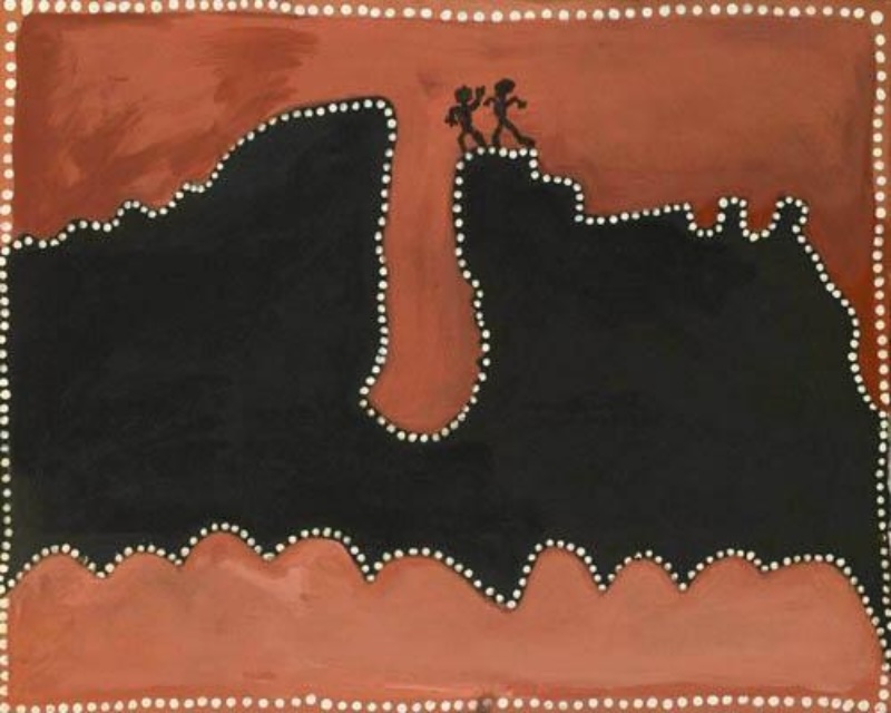 Jack Britten Suicide at the Bungle Bungles Husband and Wife 1991 earth pigment painting with two figures above Purnululu