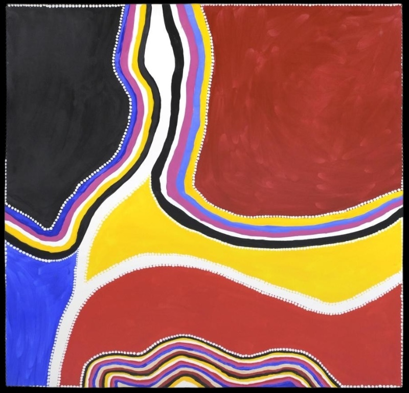 Freddie Timms Picaninni Gorge, 1997, colourful painting with red, black, yellow and blue fields divided by bands of white, black, pink, blue and yellow