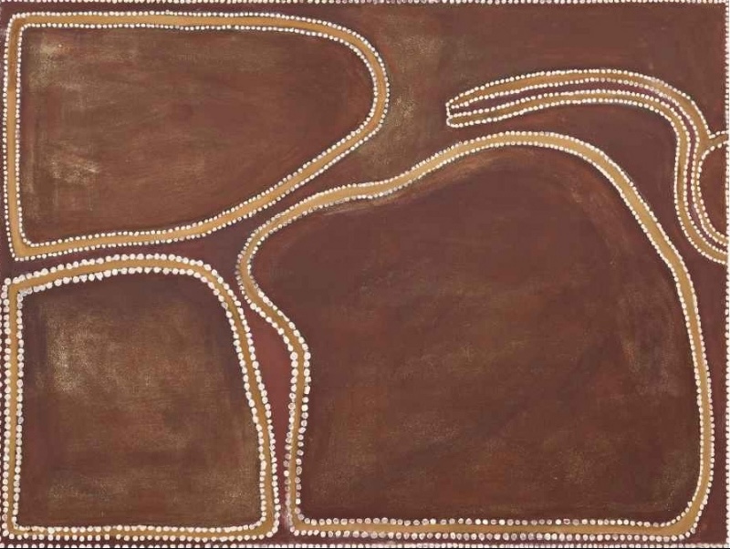 Rover Thomas painting in muted red, brown and golden ochre, with three large irregular rounded shapes representing hills. Curving golden bands and rows of white dots separate the hills, while several narrow parallel lines sweep across the upper right and curl around a circular form at the edge.