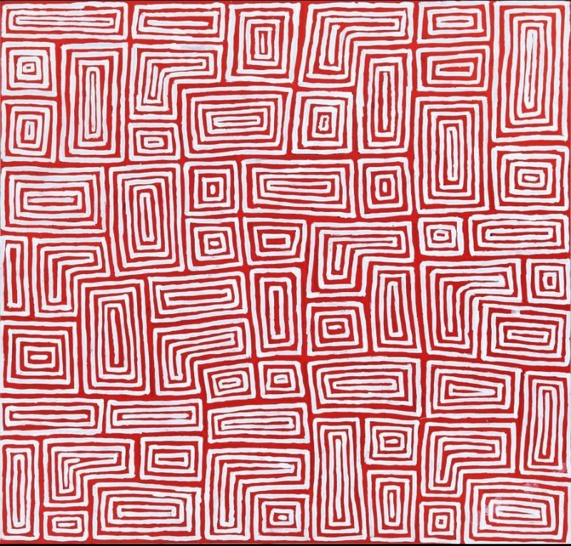 George Tjungurrayi Tingari c.2021 acrylic on canvas with red and white geometric parallel line painting