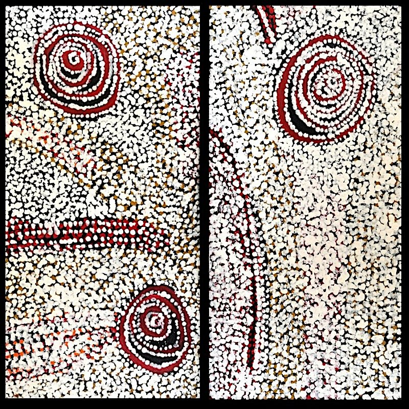 Untitled (Rockholes Near the Olgas) 2008 by Bill Whiskey Tjapaltjarri, two panels depicting concentric rockholes within densely dotted Country.