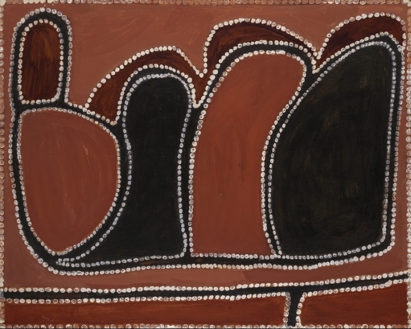 Rover Thomas ochre painting with interlocking rounded black, red and dark brown forms outlined by rows of white dots above a horizontal band.