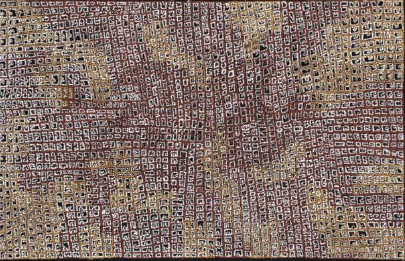 Dorothy Napangardi Karntakurlangu Jukurra c.1999 acrylic on linen featuring an intricate lattice of white dotted grids over warm ochre and black representing the Women's Dreaming at Mina Mina.