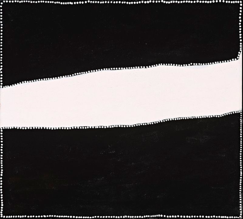 Minimalist Aboriginal painting with two large black rectangular fields separated by a broad white horizontal band that gently curves across the centre. Fine white dots outline the outer border and the edges where the black and white areas meet, creating a simple, high-contrast composition using only black and white.