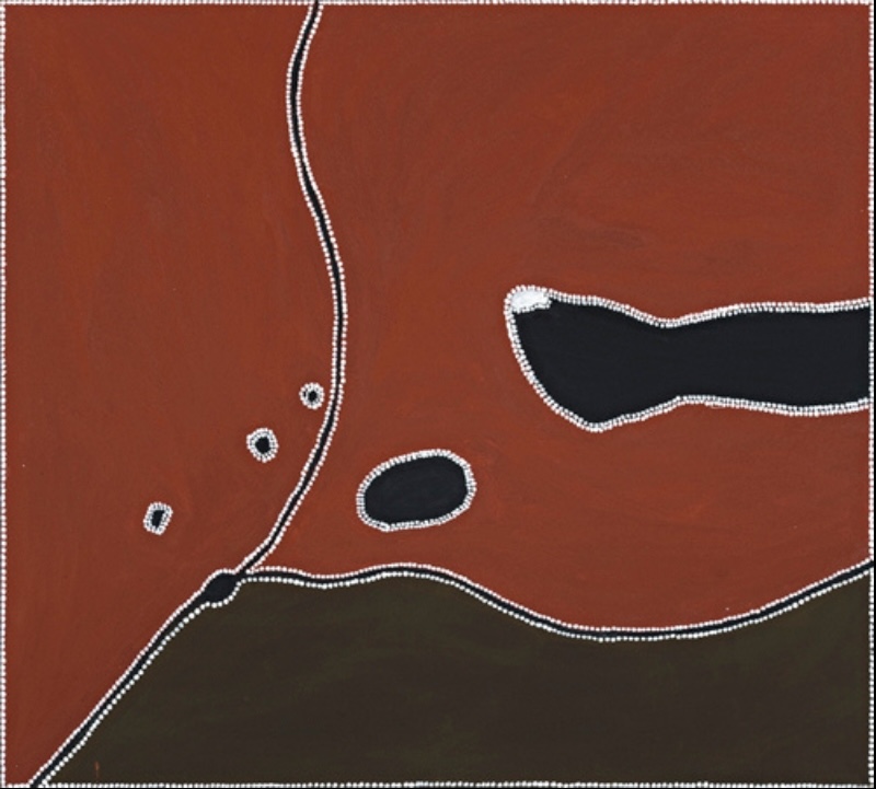 Freddie Timms Black Feller Creek 1999, Aboriginal ochre painting with large red, black and dark brown shapes outlined by white dots