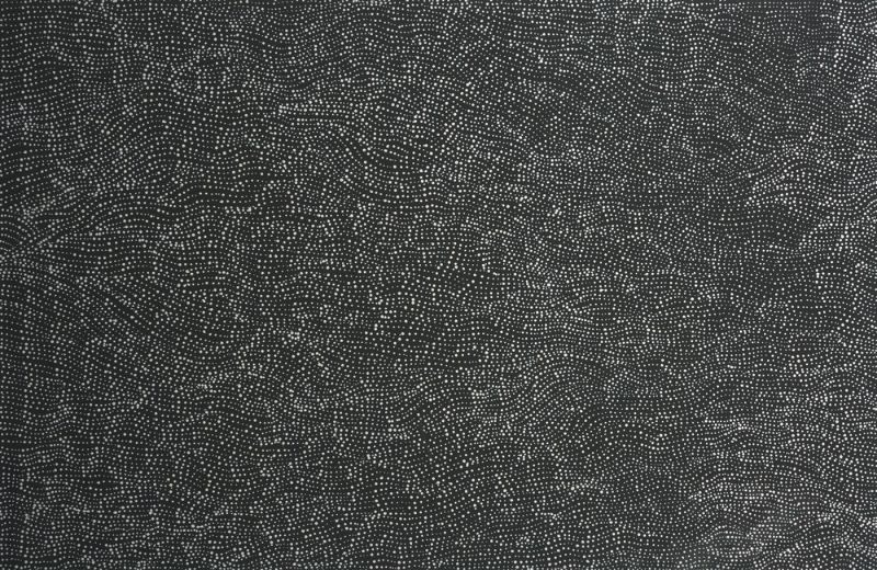 Abstract painting of thousands of tiny white dots on a black background. The dots form a continuous, shimmering field of flowing lines and subtle swirling patterns with no central focal point, creating an immersive textured surface.