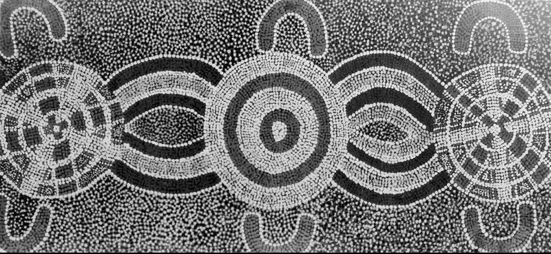 Turkey Tolson Tjupurrula Dreamtime July 1976 early Papunya painting with ceremonial designs and connected ancestral sites.