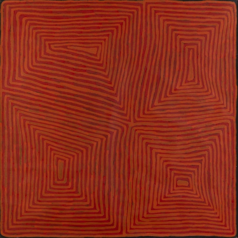Ronnie Tjampitjinpa Echidna Dreaming 2000 painting, with four large concentric geometric forms painted in alternating red and orange lines across a square canvas