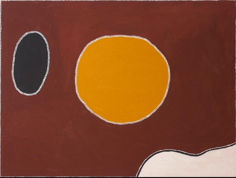 Freddie Timms Untitled, 1994, ochre painting with a red-brown ground and large yellow, black and white forms outlined with fine white dots