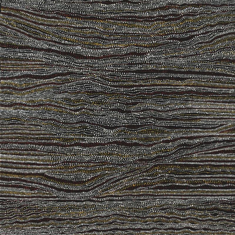 Abstract painting of countless tiny cream and white dots on a black background. The dots form flowing horizontal bands that curve, merge and separate across the canvas, creating the appearance of layered waves or rolling ridges.