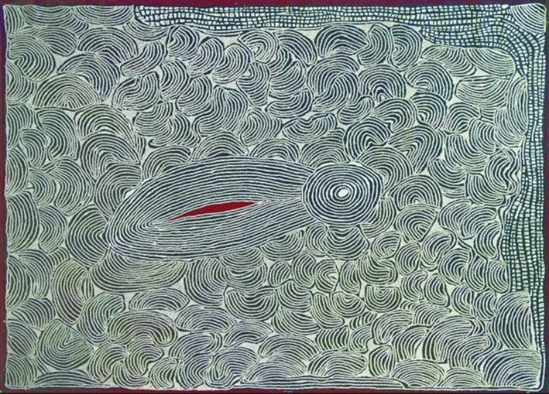 Large black and white Aboriginal painting by Ningura Napurrula densely covered with fine curved parallel lines forming hundreds of overlapping rounded shapes. Near the centre-left is a large elongated oval of tightly packed lines containing a narrow red opening, connected at the right to a concentric circle. Grid-like bands appear along the upper and right edges.