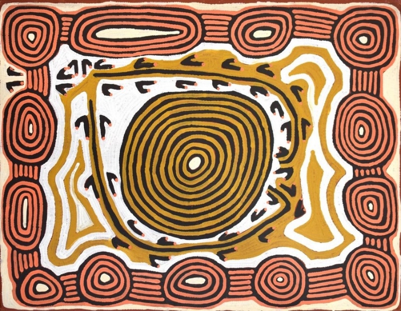 Ronnie Tjampitjinpa Travels of the Tingari Ancestors 2002 painting, with a large central concentric circle surrounded by connected red, black and ochre circular and elongated motifs.