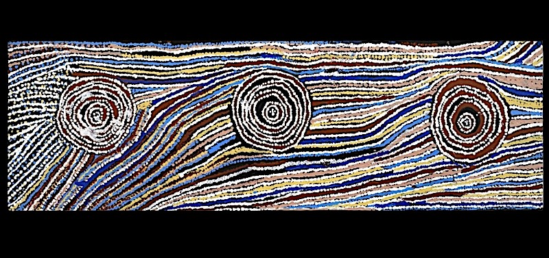 Rockholes and Country Near the Olgas 2006 by Bill Whiskey Tjapaltjarri, showing three concentric rockholes linked by flowing lines across ancestral Country.