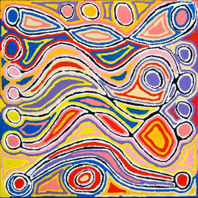 Colourful Aboriginal painting by Judy Napangardi Watson with flowing bands of white, black, yellow, pink, red, blue and purple surrounding circular, oval and elongated forms.