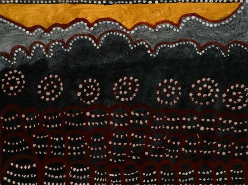 Purnululu, 2001 by Jack Britten, with rows of dark striped domes beneath circular dotted forms and layered black, grey and yellow ochre ranges