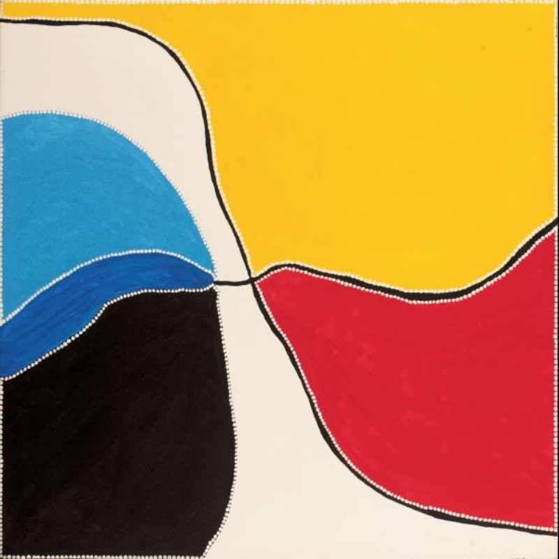 Freddie Timms Spring Creek, 1997, painting with vivid yellow, red, blue, black and white fields divided by dotted boundaries and black lines