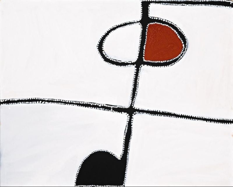 Abstract Aboriginal painting by Paddy Bedford with a white ochre ground, intersecting black pathways, and adjoining white and red oval forms outlined with white dots.