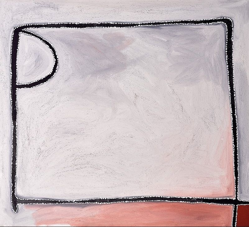 Minimalist Aboriginal painting by Paddy Bedford depicting Jack Flood with luminous grey-white ochre, a rectangular black enclosure, and red ochre forms outlined with white dots.