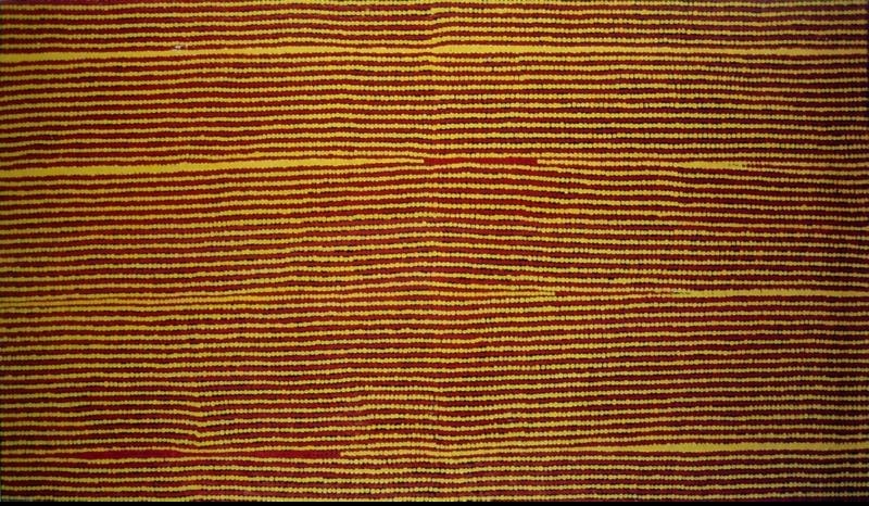 Turkey Tolson Tjupurrula Straightening Spears Ceremony, 1995–96. Aboriginal painting composed of dense horizontal ochre, yellow and reddish-brown lines with subtle shifts in tone across the canvas.