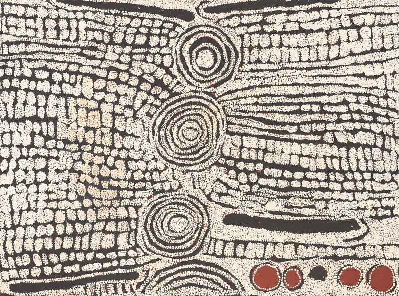 Ningura Napurrula Untitled, 2009, with four concentric roundels surrounded by dense white linear and grid-like designs on a black ground.