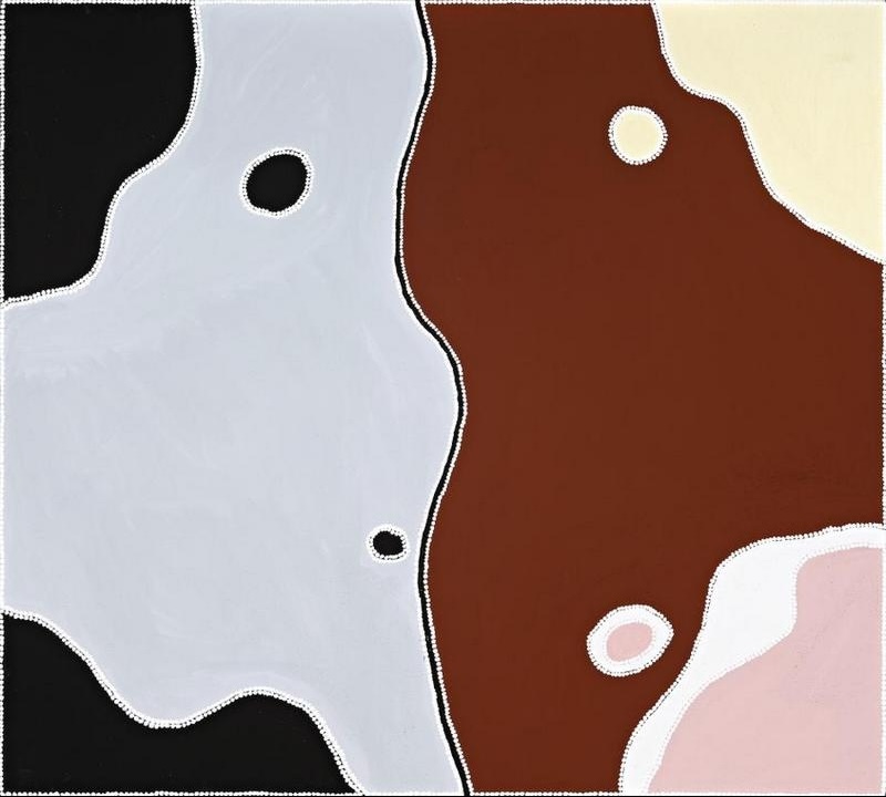 Freddie Timms Kundaloo, 2008 – aerial East Kimberley landscape with waterholes and areas of black, grey, red, yellow and pink Country