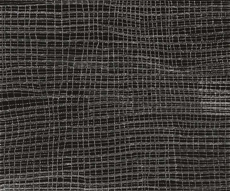 Abstract painting of tiny white dots on a black background. Fine dotted lines form a gently distorted grid of horizontal and vertical pathways that ripple across the canvas, creating a shimmering woven appearance.
