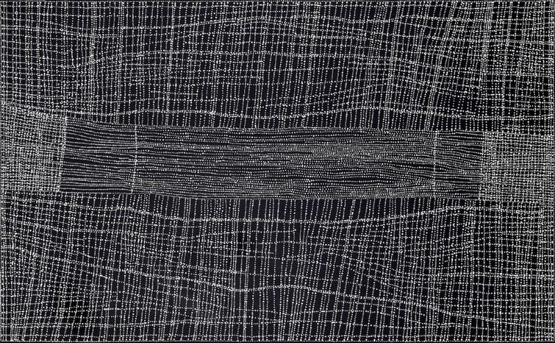 Abstract painting of thousands of tiny cream dots on a black background. The dots form a dense network of intersecting horizontal and vertical bands, crossed by a broad horizontal strip through the centre that creates a shimmering woven appearance.