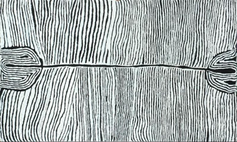 Judy Watson Napangardi painting Majardi Hair String, 2005, with hundreds of fine black vertical lines crossed by a single horizontal line connecting two large rounded forms at either side.