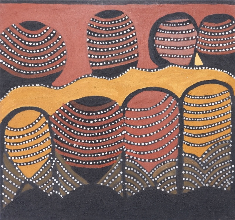 Joalingi (Hann Springs), 1999 by Jack Britten, with large rounded red and yellow ochre hills crossed by black bands and rows of white dots.