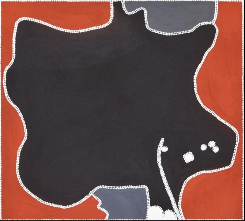 Freddie Timms Antspring 1999, Aboriginal ochre painting with a large black shape on a red ground outlined by white dots