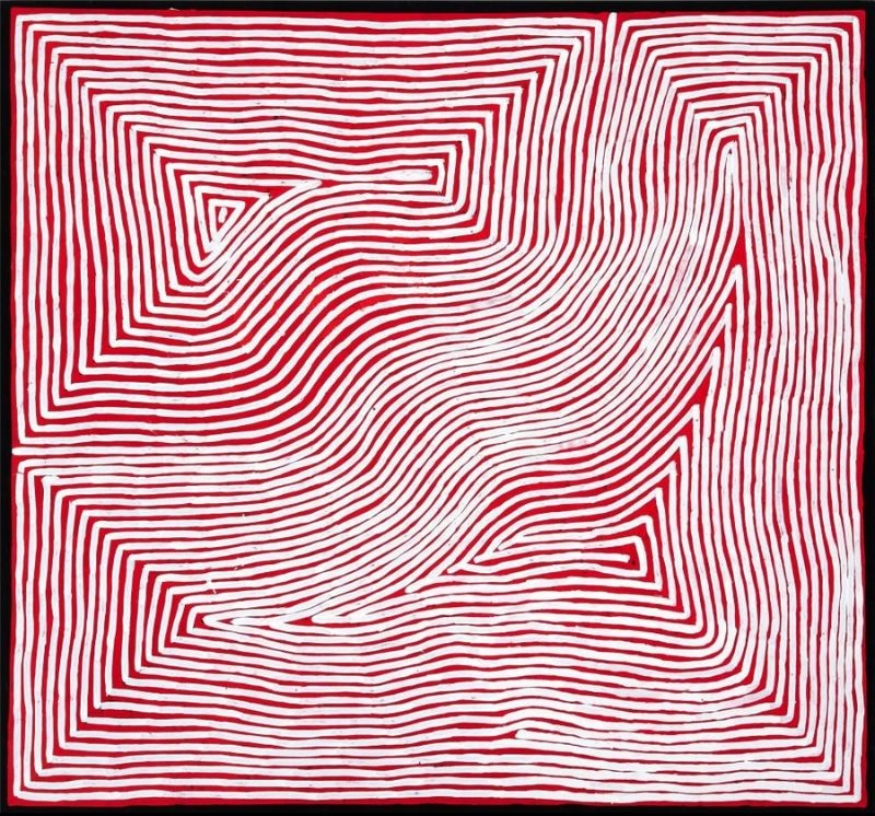 George Tjungurrayi Tingari 2021 acrylic on canvas with red and white minimalist parallel line painting
