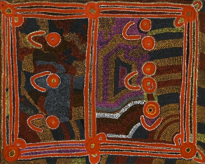 Judy Watson Napangardi painting Karnta Jukurrpa (Women’s Dreaming), 1989, with red linear pathways, circular forms and U-shaped figures over densely dotted fields of black, brown, purple and ochre.