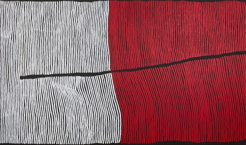 Ronnie Tjampitjinpa Bushfire Dreaming 2000 painting, with dense vertical white and red lines divided by a sweeping black horizontal band across a black ground.