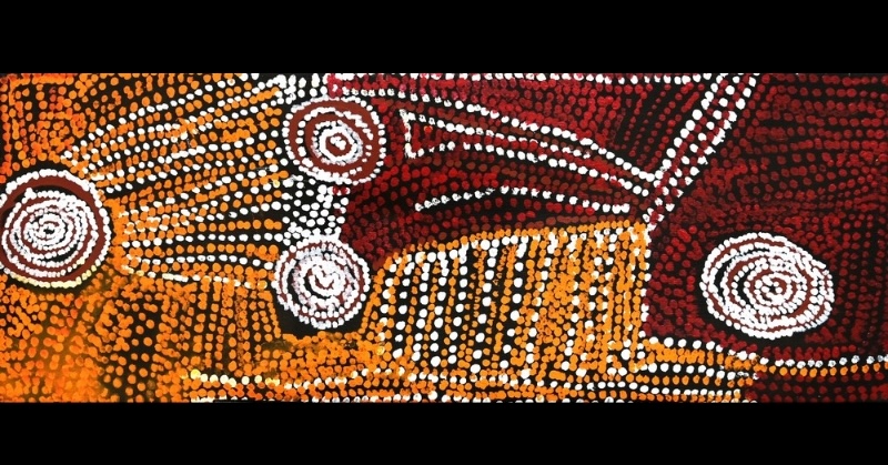 Rockholes Near the Olgas 2007 by Bill Whiskey Tjapaltjarri, with four concentric rockholes among red, orange, black and white dotted forms.