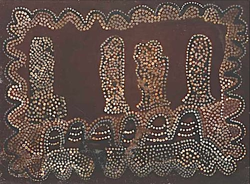 Bungle Bungles, c. 1989 by Jack Britten, with four tall dotted rock forms rising above smaller striped hills within a densely dotted brown ochre landscape.