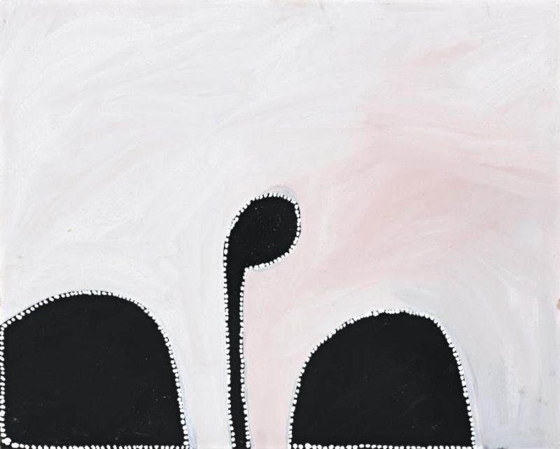 Minimalist Aboriginal painting by Paddy Bedford with luminous white and pale pink ochre, two black landforms and a central vertical form outlined with white dots.