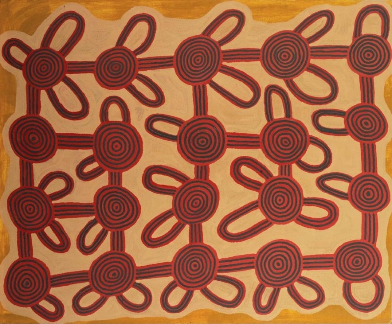 Ronnie Tjampitjinpa’s Untitled (Eagle Dreaming at Tjaru) (1994), featuring a network of red and black concentric circles joined by parallel lines and surrounded by repeated elongated loop forms on a pale ochre ground.