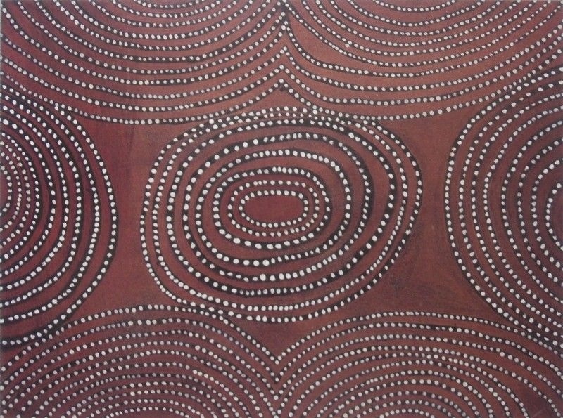 Redback Country, 1997 by Jack Britten, with large concentric black rings edged in white dots across a red ochre ground.