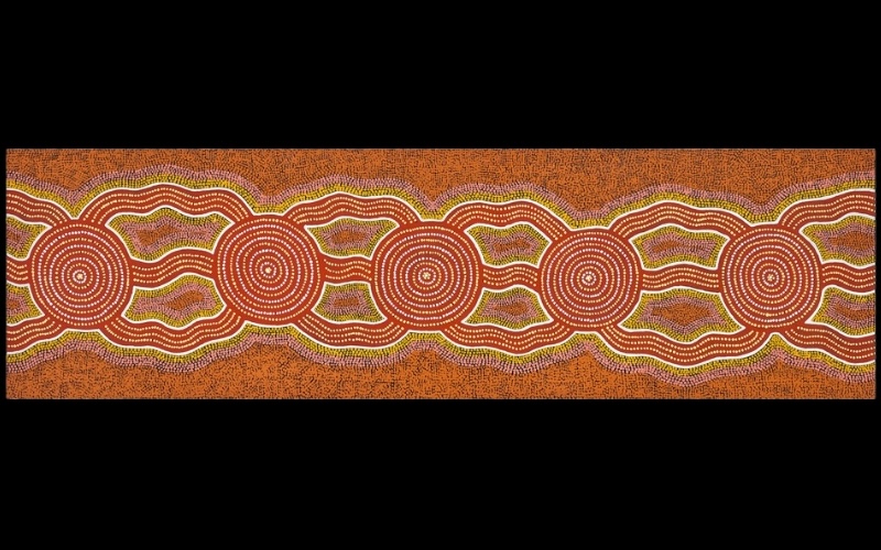 Turkey Tolson Tjupurrula Two Travelling Women, 1986. Aboriginal painting with a single horizontal chain of concentric circles connected by layered parallel bands across a finely dotted ochre background.
