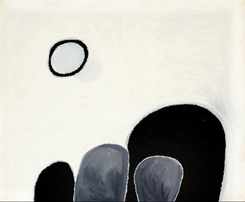 Abstract Aboriginal painting by Paddy Bedford depicting Thoonbi Gorge with luminous white earth pigments, black landforms and grey rock forms in a minimalist East Kimberley composition.