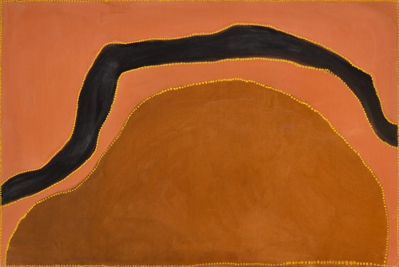 Rover Thomas painting in orange, pink and brown ochre with a broad black serpent-like form curving across the upper half. The black form bends from the lower left, arches across the canvas and exits at the right edge. Fine yellow ochre dots outline the serpent and a large rounded brown area below.
