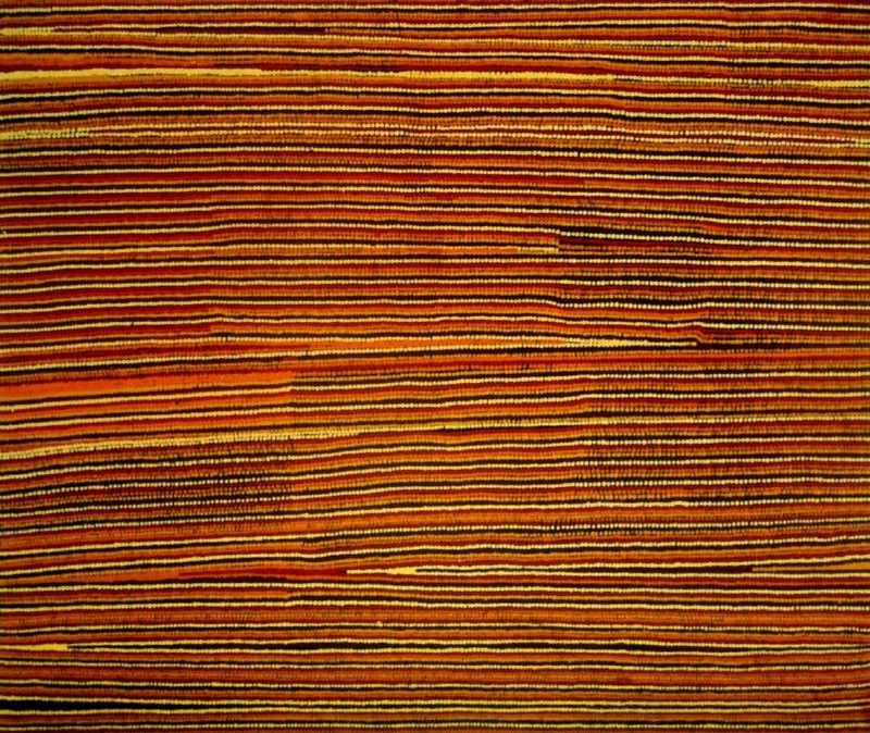 Turkey Tolson Tjupurrula Straightening Spears at Illyingaugau, 1998. Aboriginal painting of densely layered horizontal dotted bands in ochre, red, orange and brown representing ceremonial spear straightening.