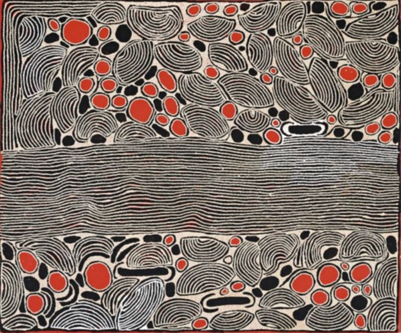 Large Aboriginal painting by Ningura Napurrula with a broad horizontal field of densely packed black and white lines running across the centre. Above and below it are clusters of rounded forms filled with fine curved lines, interspersed with vivid red circles and irregular black shapes on a pale ground.