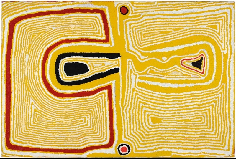 Tjumpo Tjapanangka Marlboree 2000, with fine yellow and white parallel lines surrounding bold black, red and yellow forms on a white ground.