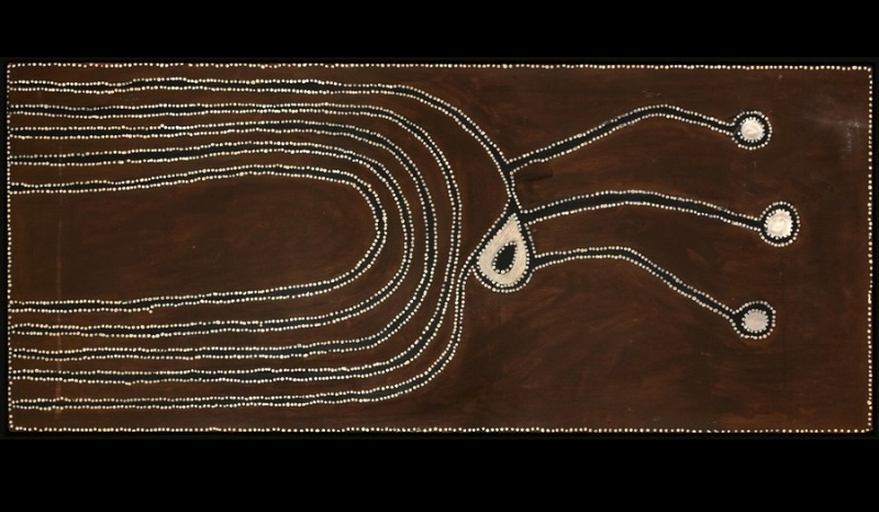 Dreaming Place by Paddy Jaminji, 1982, a large East Kimberley painting in natural earth pigments on board.